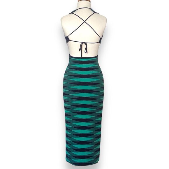 VRG GRL Dress Women's Size US 4 Bodycon Midi Open Back Stretchy Teal Green Blue - Picture 3 of 11